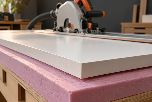 Gros plan d'un chant parfaitement net d'un panneau mélaminé blanc fraîchement coupé, scie plongeante sur rail en arrière-plan flou, panneau posé sur une plaque d'isolant